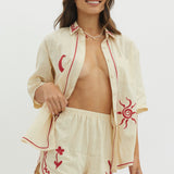 On Vacay Elastic Waist Shorts Embroidered Beige