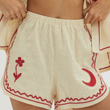 On Vacay Elastic Waist Shorts Embroidered Beige
