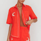 On Vacay Elastic Waist Embroidered Shorts Orange