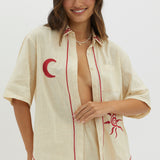 On Vacay Button-Up Shirt Embroidered Beige