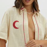 On Vacay Button-Up Shirt Embroidered Beige