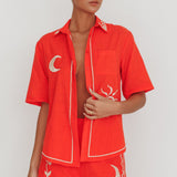 On Vacay Embroidered Button-Up Shirt Orange
