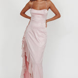 Katarina Satin Ruffle Hem Maxi Dress Cheek