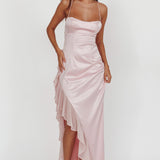 Katarina Satin Ruffle Hem Maxi Dress Cheek