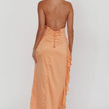 Katarina Satin Ruffle Hem Maxi Dress Mango