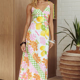 Jaya Floral A-line Maxi Dress Checker Lime