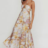 Onika Cut-Out Tied Back Floral Maxi Dress Yellow