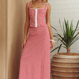 Summer Cottage Lace Trim Maxi Skirt Red Check