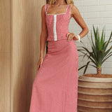 Summer Cottage Lace Trim Maxi Skirt Red Check