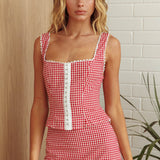 Summer Cottage Lace Trim Top Red Check