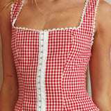 Summer Cottage Lace Trim Top Red Check