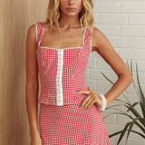 Summer Cottage Lace Trim Top Red Check