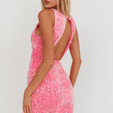 Bedazzle Opened Back Sequin Mini Dress Hot Pink