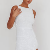 Bedazzle Keyhole Back Sequin Mini Dress White