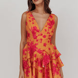 Like Me V-Neck Tied Back Floral Romper Orange