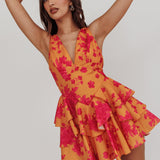 Like Me V-Neck Tied Back Floral Romper Orange