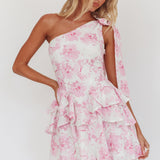 Like Me One-Shoulder Layered Mini Dress Floral Pink