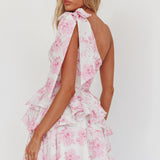 Like Me One-Shoulder Layered Mini Dress Floral Pink
