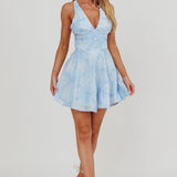 Lavalle Criss-Cross Floral Embellished Mini Dress Blue