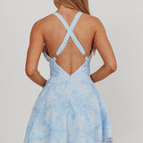 Lavalle Criss-Cross Floral Embellished Mini Dress Blue