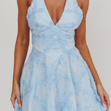 Lavalle Criss-Cross Floral Embellished Mini Dress Blue