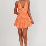 Lavalle Criss-Cross Floral Embellished Mini Dress Orange