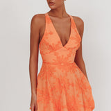 Lavalle Criss-Cross Floral Embellished Mini Dress Orange