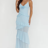 Marlie Frill Trim Rosette Maxi Dress Blue