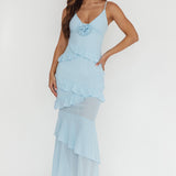 Marlie Frill Trim Rosette Maxi Dress Blue