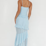Marlie Frill Trim Rosette Maxi Dress Blue