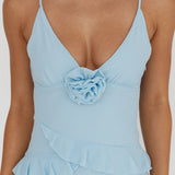 Marlie Frill Trim Rosette Maxi Dress Blue