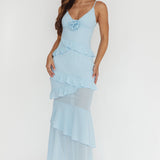 Marlie Frill Trim Rosette Maxi Dress Blue