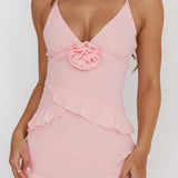 Marlie Frill Trim Rosette Maxi Dress Blush