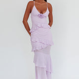 Marlie Frill Trim Rosette Maxi Dress Lilac