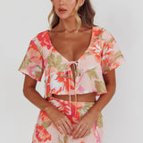 La Vie Tied Bust Crop Top Floral Peach
