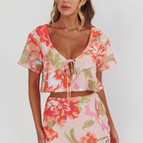 La Vie Tied Bust Crop Top Floral Peach