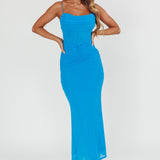 Morella Ruched Waist Mesh Maxi Dress Blue