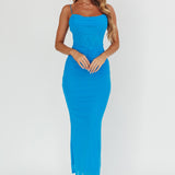 Morella Ruched Waist Mesh Maxi Dress Blue