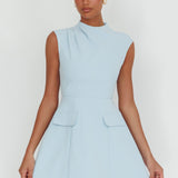 Thandi Pleat Shoulder Faux Pocket Mini Dress Steel Blue