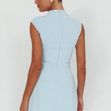Thandi Pleat Shoulder Faux Pocket Mini Dress Steel Blue