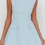 Thandi Pleat Shoulder Faux Pocket Mini Dress Steel Blue