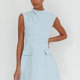 Thandi Pleat Shoulder Faux Pocket Mini Dress Steel Blue