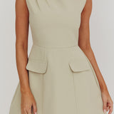 Thandi Pleat Shoulder Faux Pocket Mini Dress Sage