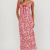 Femme Belle Ribbon Trim Maxi Dress Floral Pink
