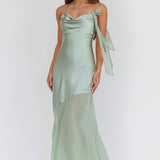 Gilded Dream Shoulder Detail Chiffon Hem Maxi Dress Sage