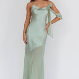 Gilded Dream Shoulder Detail Chiffon Hem Maxi Dress Sage