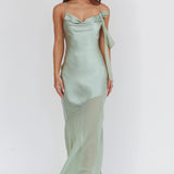 Gilded Dream Shoulder Detail Chiffon Hem Maxi Dress Sage
