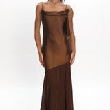 Gilded Dream Shoulder Detail Chiffon Hem Maxi Dress Chocolate