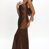 Gilded Dream Shoulder Detail Chiffon Hem Maxi Dress Chocolate