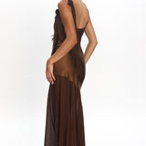 Gilded Dream Shoulder Detail Chiffon Hem Maxi Dress Chocolate